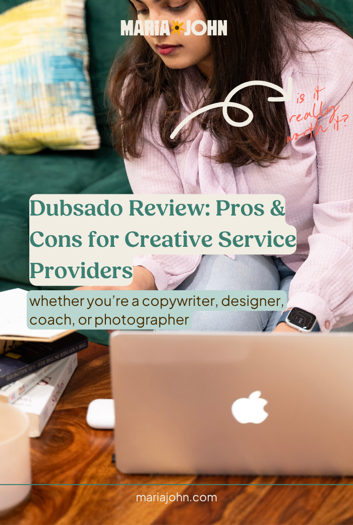 Flatlay of workspace with Dubsado CRM review headline text for freelancers and service providers.