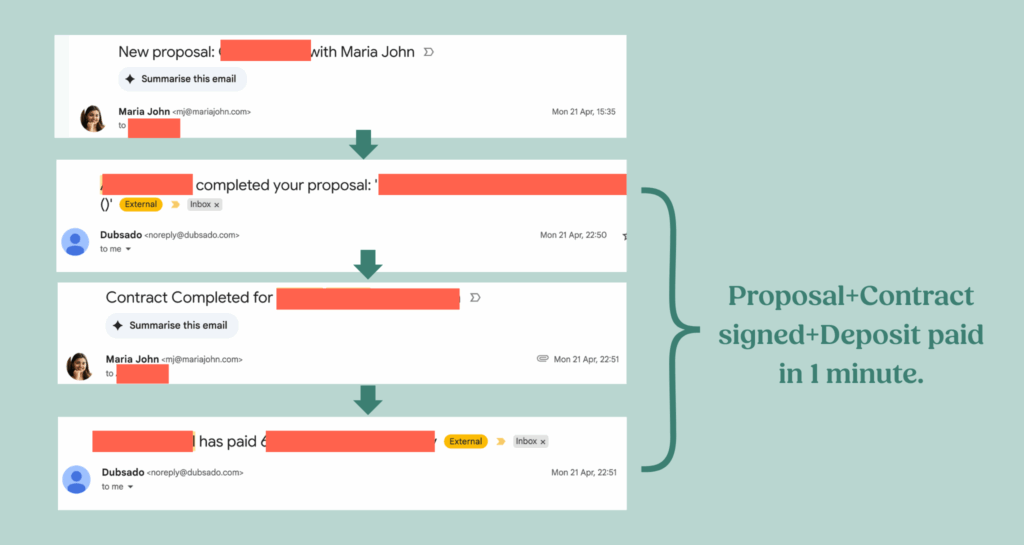Here's how I sent the proposal via Dubsado— and got it viewed, signed, and deposit paid for all in one day (and one minute)