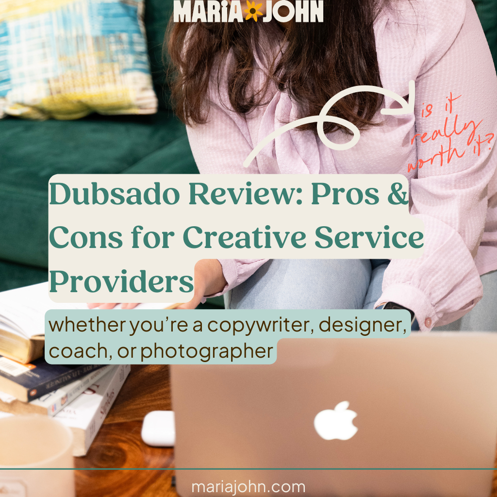 Flatlay of workspace with Dubsado CRM review headline text for freelancers and service providers.