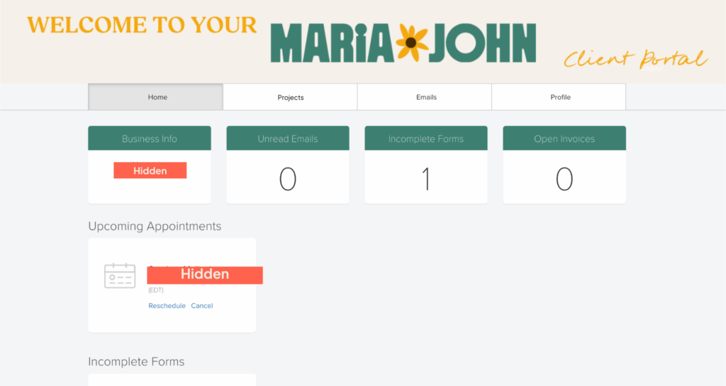 For a client, this is what the client portal on Dubsado looks like